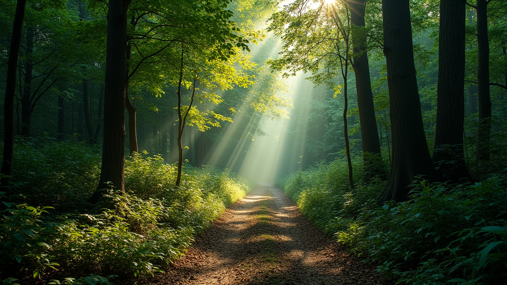 Dense forest path with dappled sunlight, inviting for hikers and explorers
