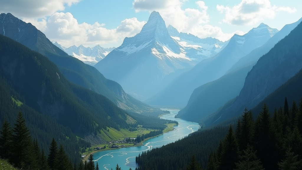 Mountainous landscape with a river winding through, perfect for adventure travel