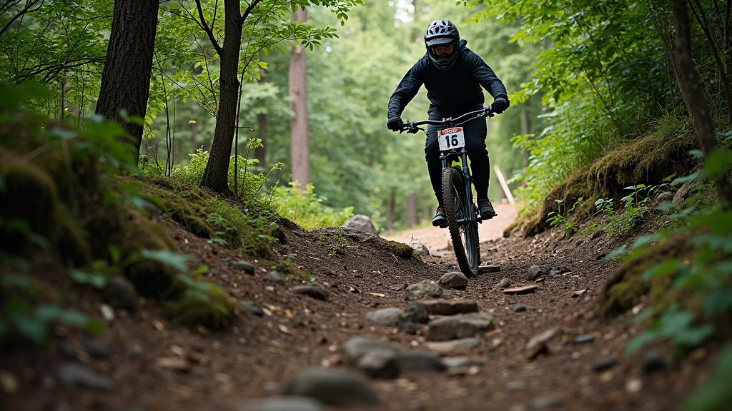 A panoramic view of a mountain biking trail winding over rocky terrain with mountains in the background.