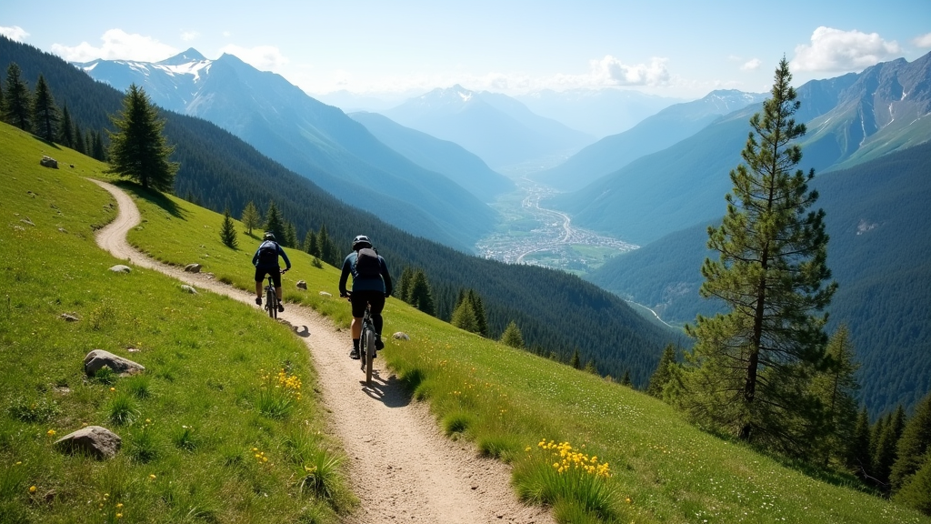 A winding mountain biking trail through a forested hillside.