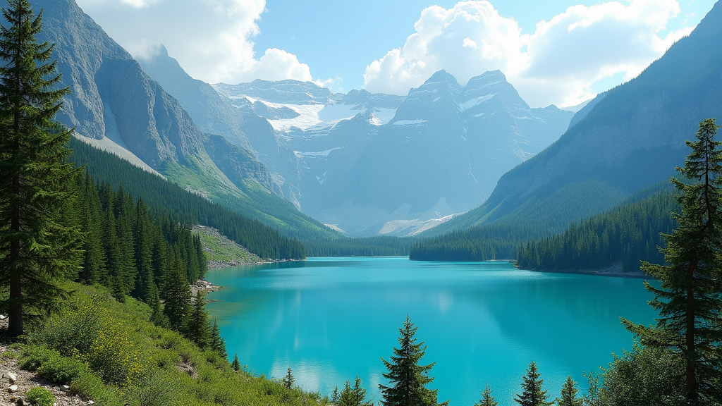 Budget adventure travel destination with mountains, forest, and lake landscape