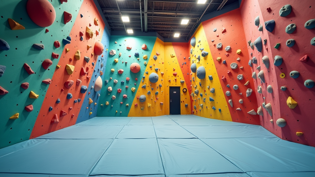 Colorful indoor climbing gym with climbing holds and bouldering walls.
