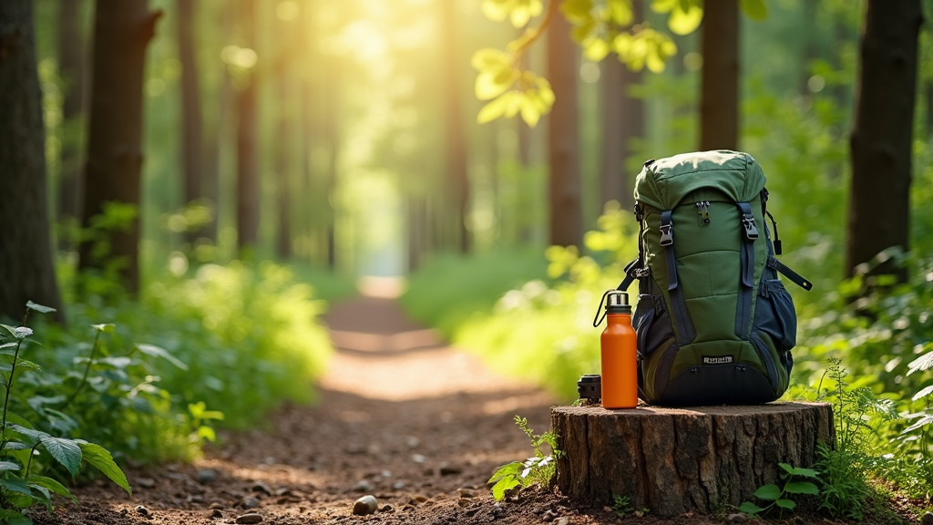 Forest path with sunlight streaming through tall trees, showing a serene and natural hiking trail
