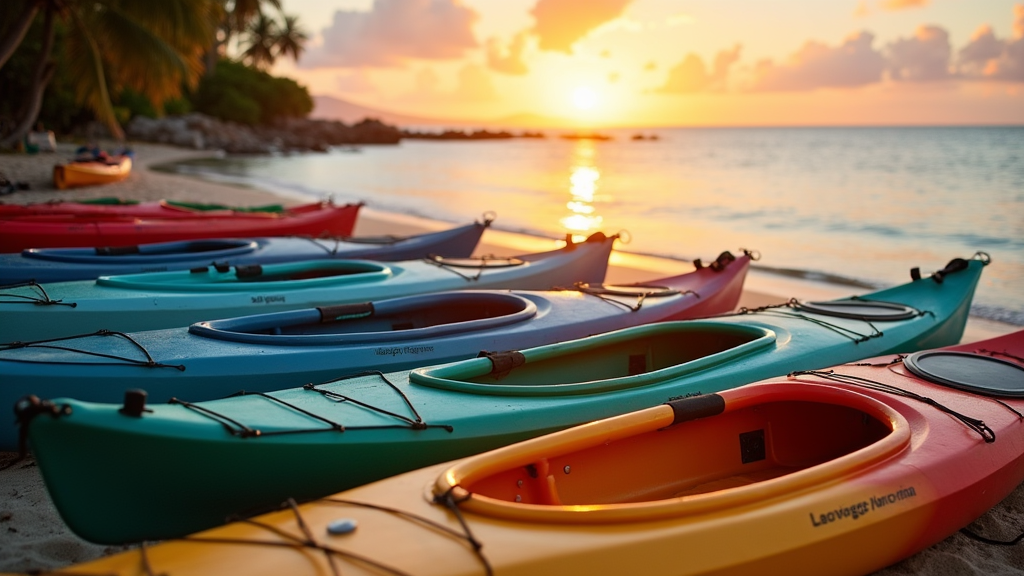 Kayaks on a tropical beach Adventure travel gear ready for a budget trip