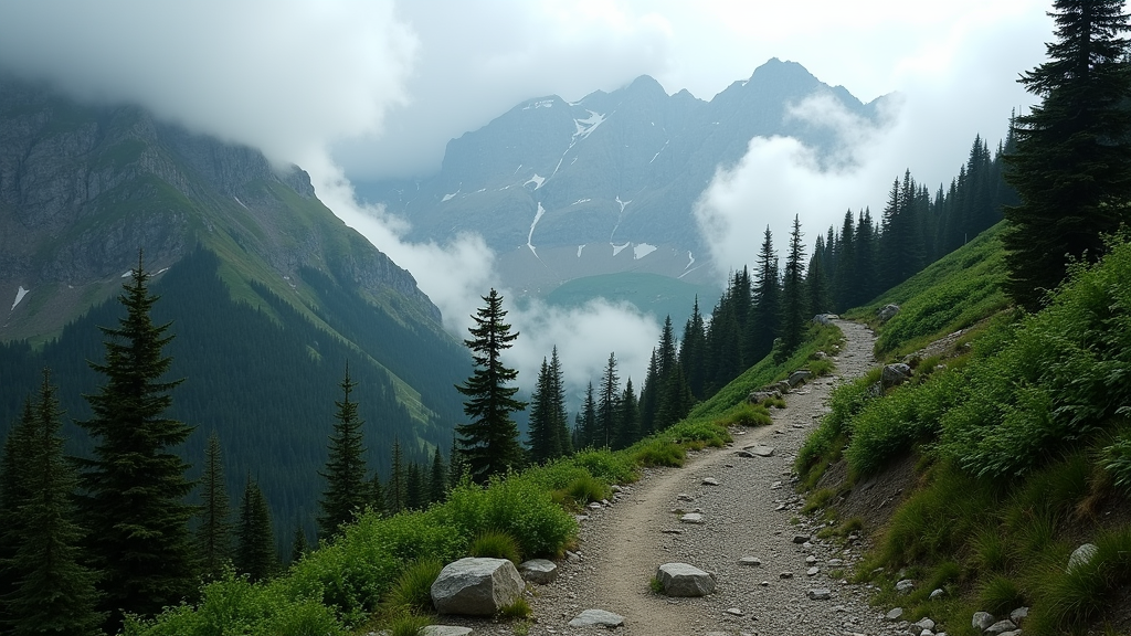 Mountain trail winding through lush forest with misty peaks in the distance