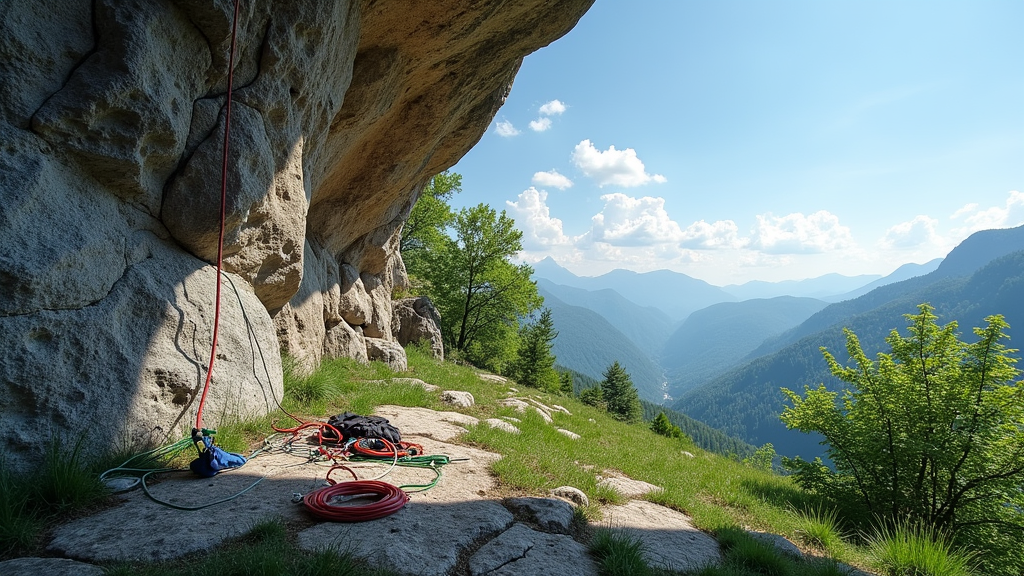 Outdoor rock face with climbing routes and equipment.